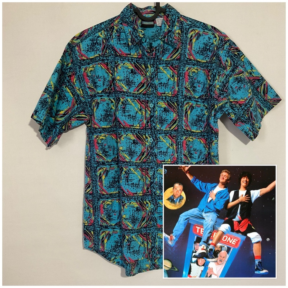 Mens Vintage 80s Bill & Ted Abstract Print Button Down Shirt Size Small